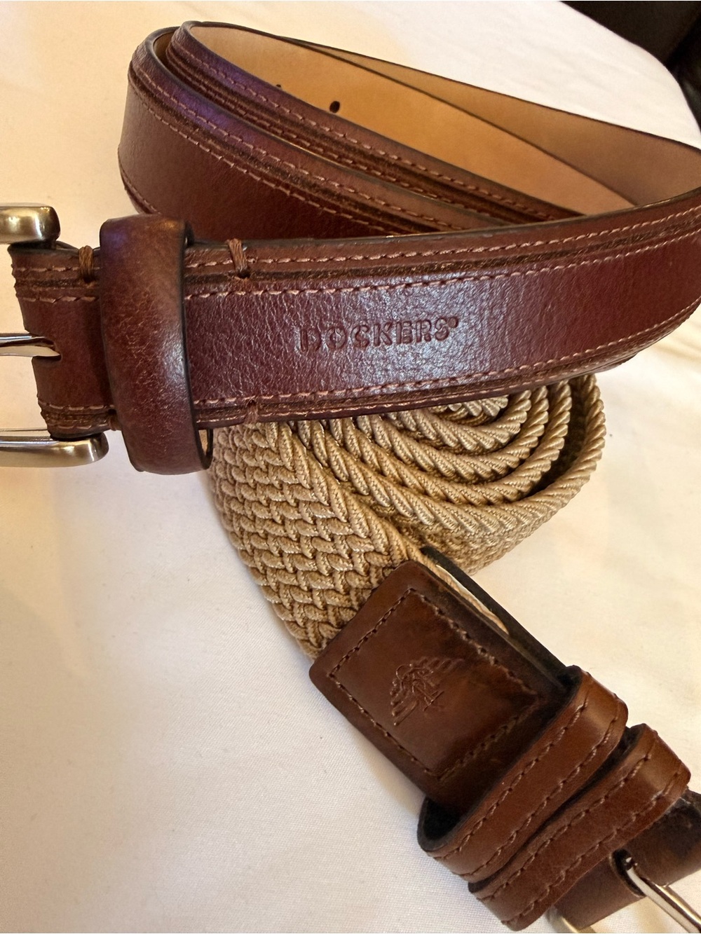 2 Dockers Men's Belts Brown Leather & Braided Stretch Belts Size 34-36